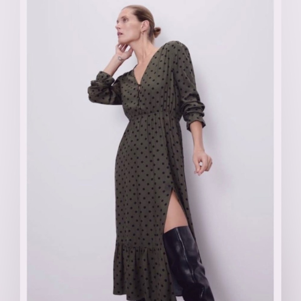 Zara Midi Dress Polka Dot | Bohemian Military Green Dress with Slit